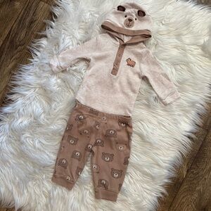 Little Me‎ Baby Bear Hooded Bodysuit & Pants Set Size  6M Beige Brown Outfit